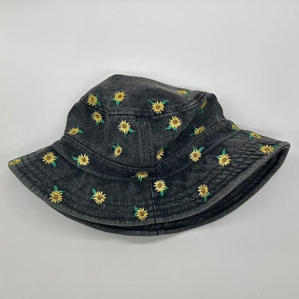 American Eagle Denim Bucket Hat Sunflower Embroidered Black Denim One Size - Picture 2 of 7